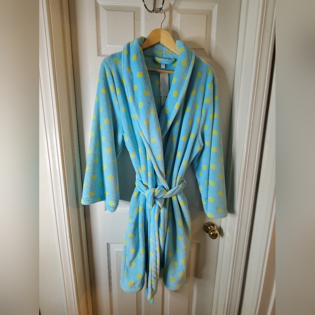 Nwt Charter Club Womens Xl Fuzzy Turquoise/Lime Polka Dot Bathrobe